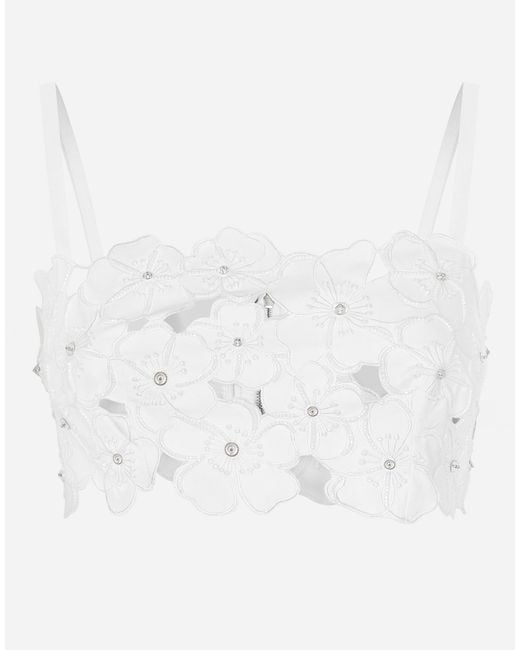 Dolce & Gabbana White Cotton Bralette Top With Cut-Out Embroidery And Rhinestone Embellishment