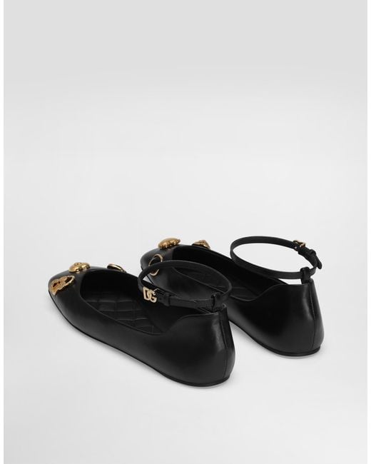 Dolce & Gabbana Black Leather Ballet Flats With Embroidery