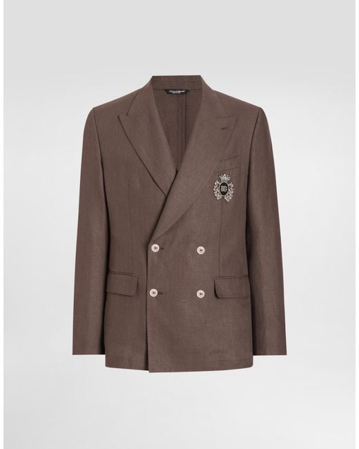 Dolce & Gabbana Brown Double-Breasted Linen Jacket With Patch for men