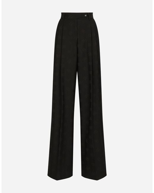 Dolce & Gabbana Black Flared Wool Jacquard Pants With Dg Logo