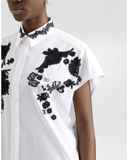 Dolce & Gabbana White Oversize Cotton Poplin Shirt With Lace Appliqués