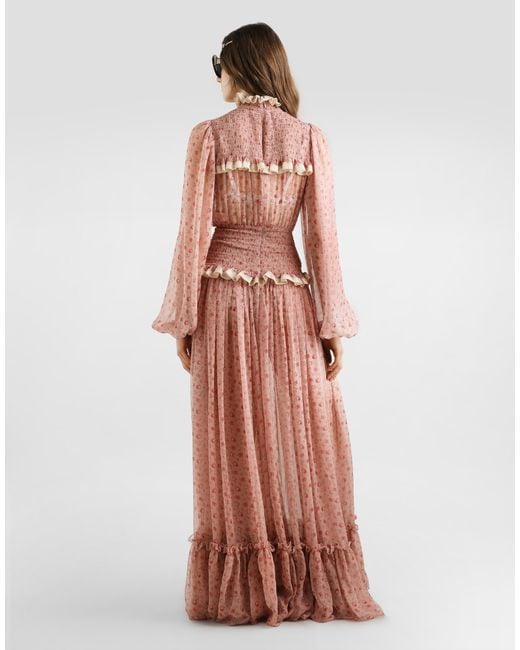 Dolce & Gabbana Pink Small Rose-Print Long Chiffon Dress