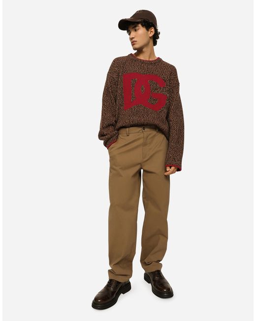 メンズ Dolce & Gabbana パンツ ストレッチドリル ロゴラベル Natural