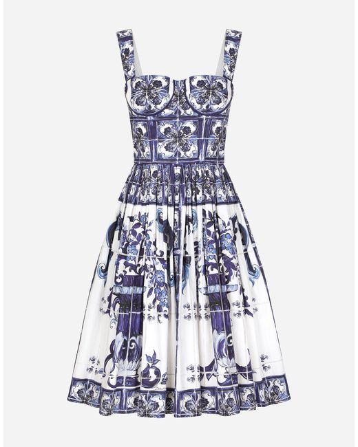Dolce & Gabbana Blue Bustier Midi Dress In Majolica-print Poplin