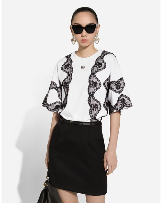 Dolce & Gabbana White T-Shirt Aus Jersey Mit Einsätzen Aus Spitze Und Dg-Logo