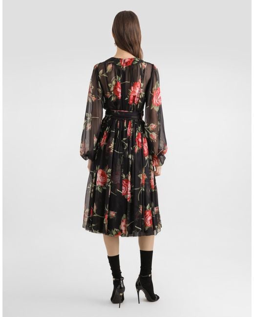 Dolce & Gabbana White Rose Bouquet-Print Chiffon Dress
