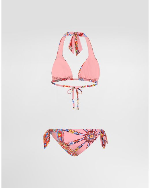 Dolce & Gabbana Red Carretto-Print Triangle Bikini
