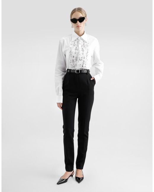 Dolce & Gabbana White Cotton Tuxedo Shirt With Rhinestone-Embroidered Shirt Front