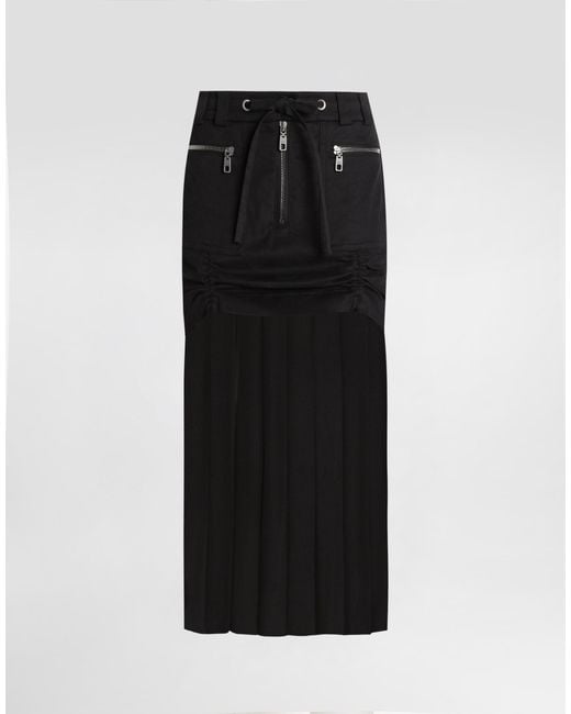 Dolce & Gabbana Black Twill Midi Skirt With Chiffon