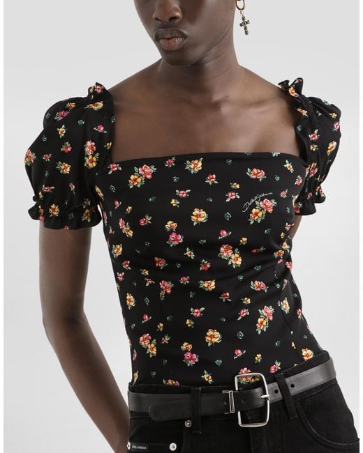 Dolce & Gabbana Black Small Floral-Print Charmeuse Top