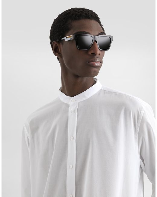 Dolce & Gabbana White Cotton Canvas Mandarin Shirt for men