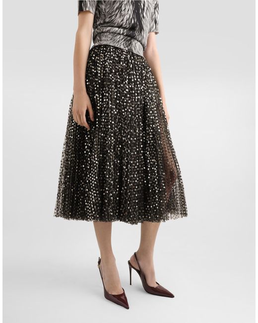 Dolce & Gabbana Black Tulle Midi Circle Skirt With Micro-Sequin Embroidery