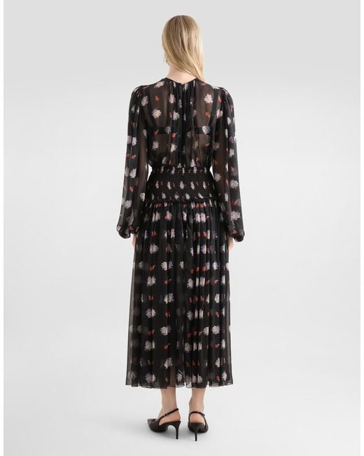 Dolce & Gabbana Black Small Floral-Print Long Chiffon Dress