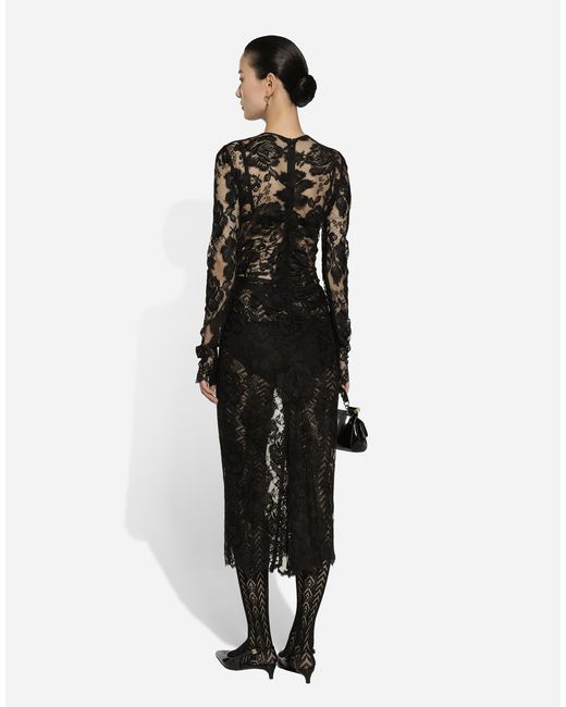 Dolce & Gabbana Black Calf-Length Floral Lace Dress