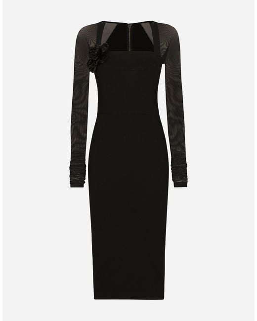 Dolce & Gabbana Black Jersey Calf-Length Dress With Tulle Sleeves