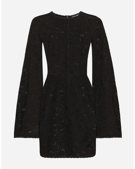 Dolce & Gabbana Black Short Lace-Stitch Dress With Full Sleeves