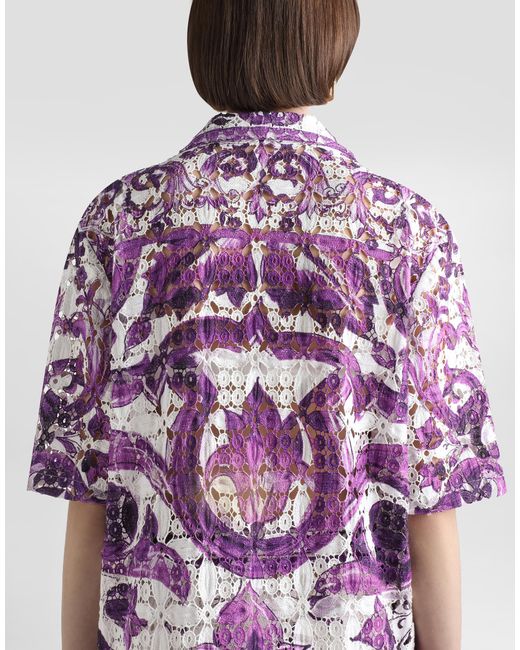 Dolce & Gabbana Purple Majolica-Print Crochet Lace Shirt