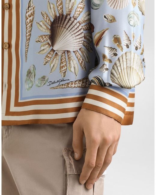 Dolce & Gabbana Blue Silk Shirt With Shell Motif for men