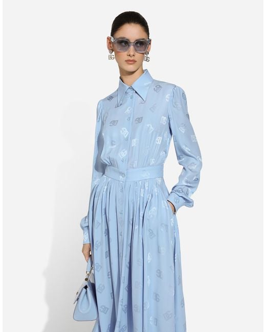 Dolce & Gabbana Blue Hemdblusenkleid Aus Seidensatin-Jacquard Dg-Logo