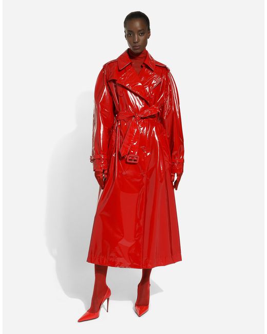 Dolce & Gabbana Red Double-breasted Patent Faux Leather Coat