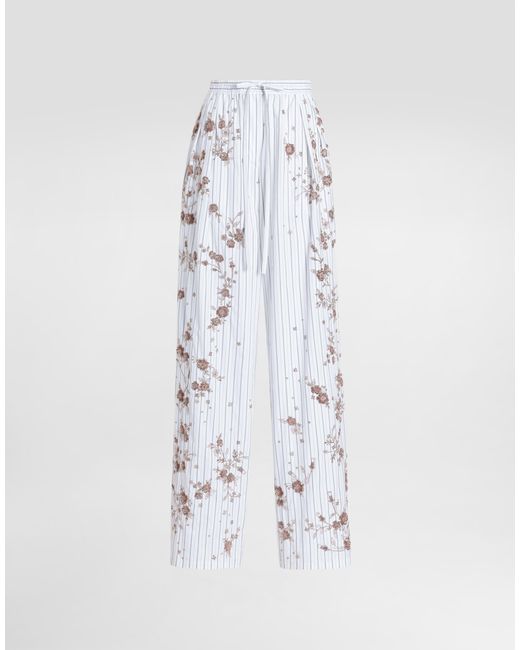 Dolce & Gabbana White Poplin Trousers With Thread Floral Embroidery And Rhinestones
