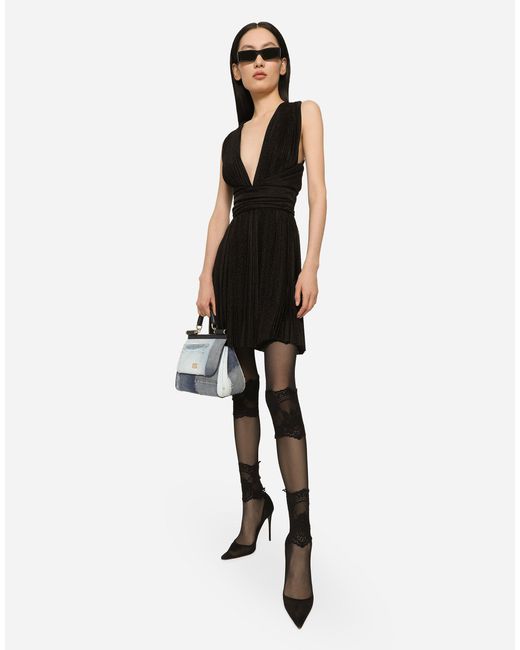 Dolce & Gabbana Black Kurzes Plisseekleid Aus Netzgewebe Lurex