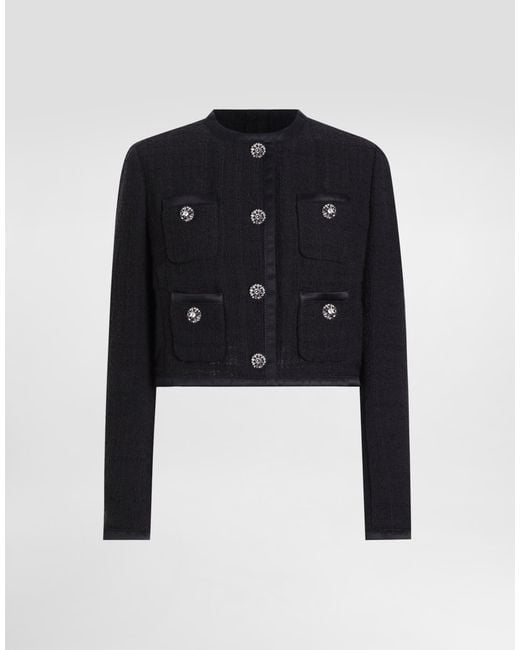 Dolce & Gabbana Black Cropped Single-Breasted Raschel Tweed Jacket With Bejeweled Buttons