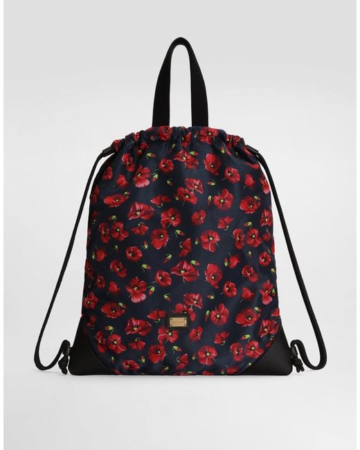 Dolce & Gabbana Red Poppy-Print Nylon Backpack