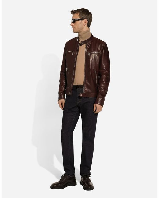 Dolce & Gabbana Brown Leather Biker Jacket for men