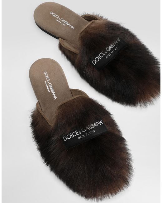 Dolce & Gabbana White Shearling And Suede Slippers