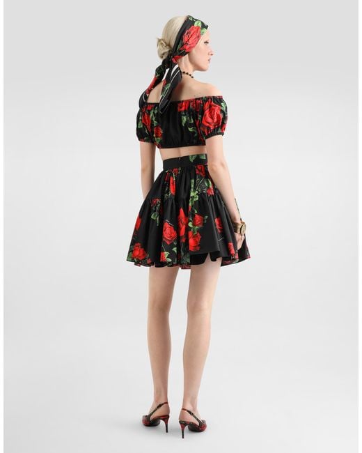 Dolce & Gabbana Red Rose-Print Poplin Skirt