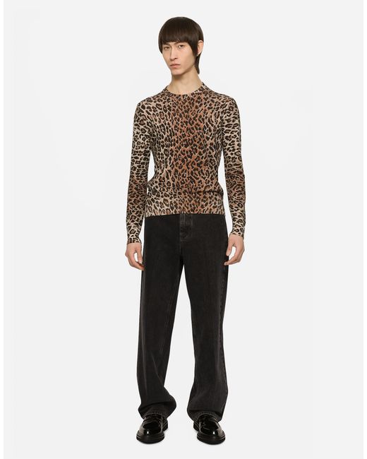 メンズ Dolce & Gabbana クルーネックセーター ウール レオパードプリント Brown