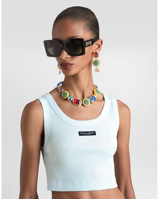 Dolce & Gabbana Blue Cotton Cropped Tank Top With Logo