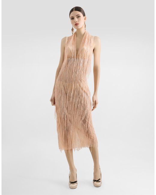 Dolce & Gabbana Natural Calf-Length Dress With Sequined Fringe Embellishment