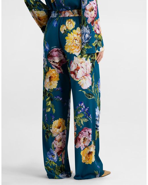 Dolce & Gabbana Blue Peony-Print Silk Vanity Trousers