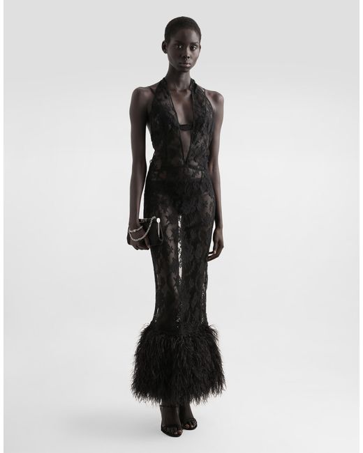 Dolce & Gabbana Black Lace Dress With Ostrich Feathers