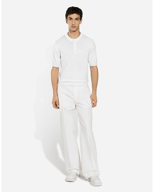 Dolce & Gabbana White Silk Granddad-Neck Sweater With Logo Embroidery for men