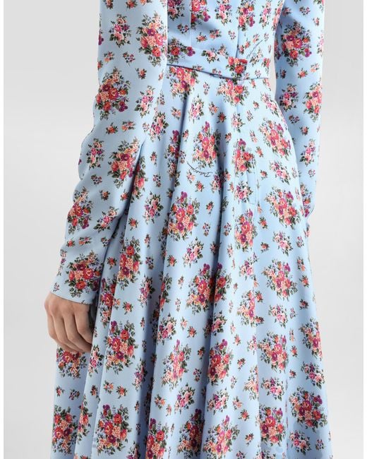 Dolce & Gabbana Blue Small Flower Bouquets-Print Long Charmeuse Dress