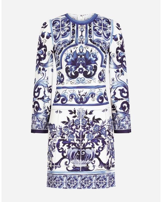 Dolce & Gabbana Blue Short Majolica-Print Organzine Dress