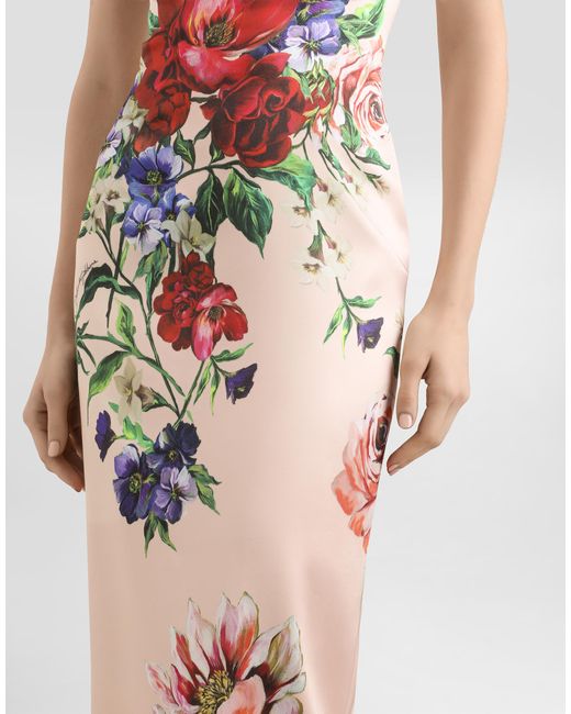 Dolce & Gabbana White Longuette-Schlauchkleid Aus Satin Blumenprint