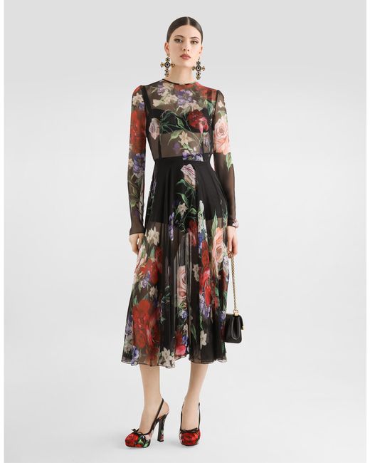 Vestido Longuette De Chifón Con Falda Plato Y Estampado A Flores Dolce & Gabbana de color Multicolor