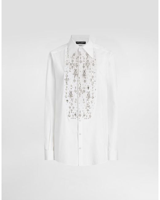 Dolce & Gabbana White Cotton Tuxedo Shirt With Rhinestone-Embroidered Shirt Front