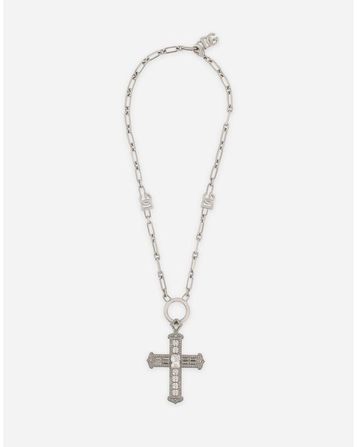 Collana a catena con croce e cristalli di Dolce & Gabbana in White da Uomo