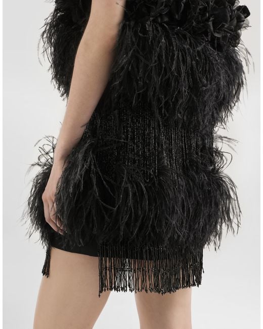 Dolce & Gabbana Black Satin Dress With Feathers