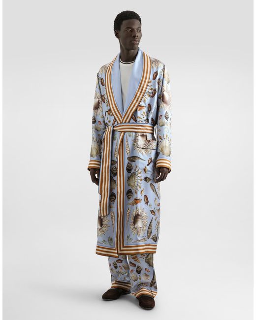 Dolce & Gabbana Blue Shell-Print Silk Twill Trousers for men