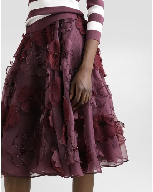 Dolce & Gabbana Purple Organza Midi Circle Skirt With Floral Embroidery