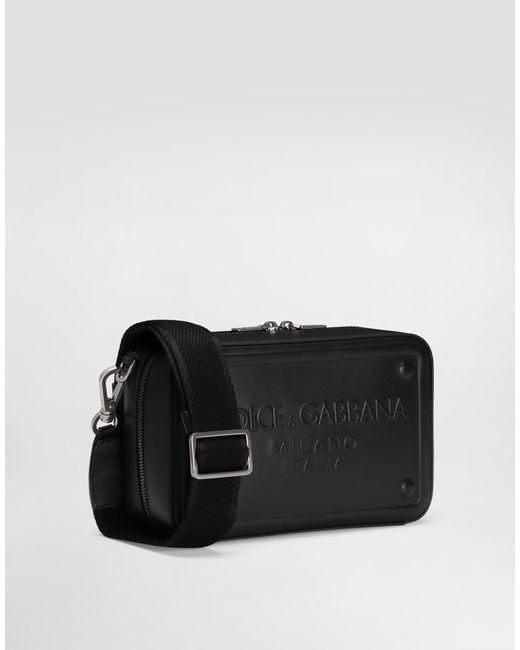 Dolce & Gabbana Black Calfskin Crossbody Bag with Raised Logo for men