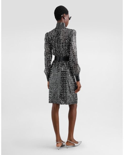 Dolce & Gabbana Gray Midi Dress With Vertical Sequin Stripe Embroidery