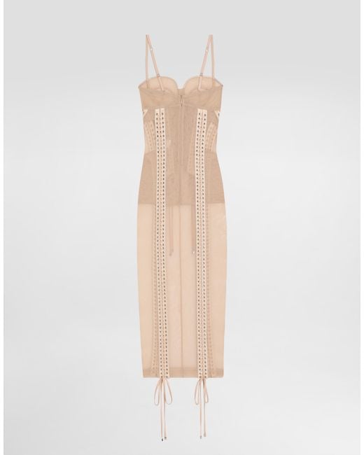 Dolce & Gabbana White Light Tulle Calf-Length Slip Dress With Corset Details
