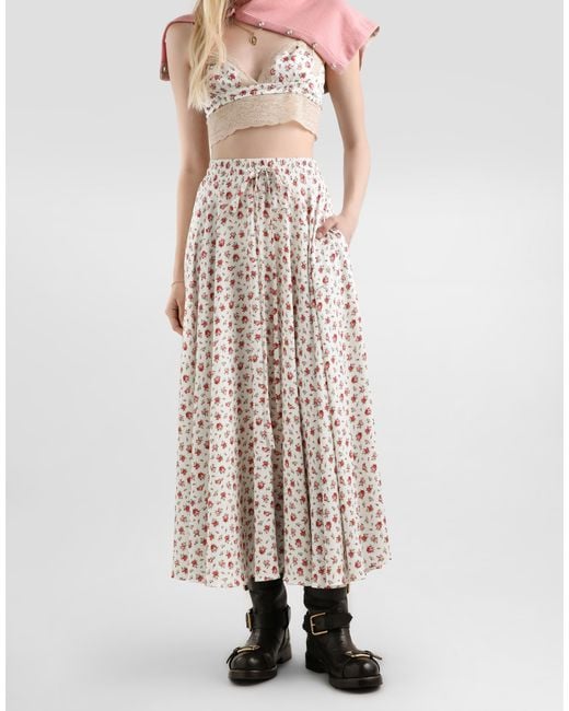 Dolce & Gabbana White Small Rose-Print Charmeuse Circle Skirt